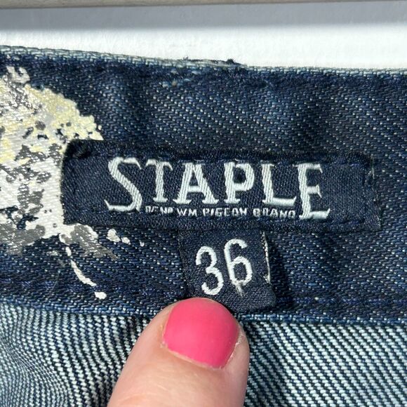 Staple Dark Denim Jeans Mens 35 x 34 Tapered Factory Distressed NWT - Picture 3 of 10